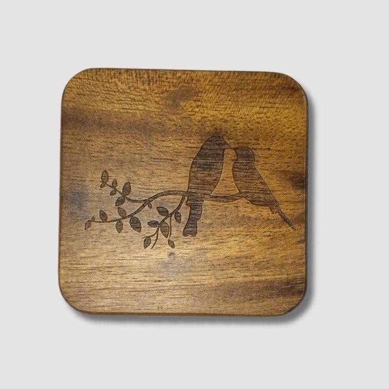 Handcrafted Sheesham Wood Cup Coaster Engraved with Love Birds - Open Market Pakistan