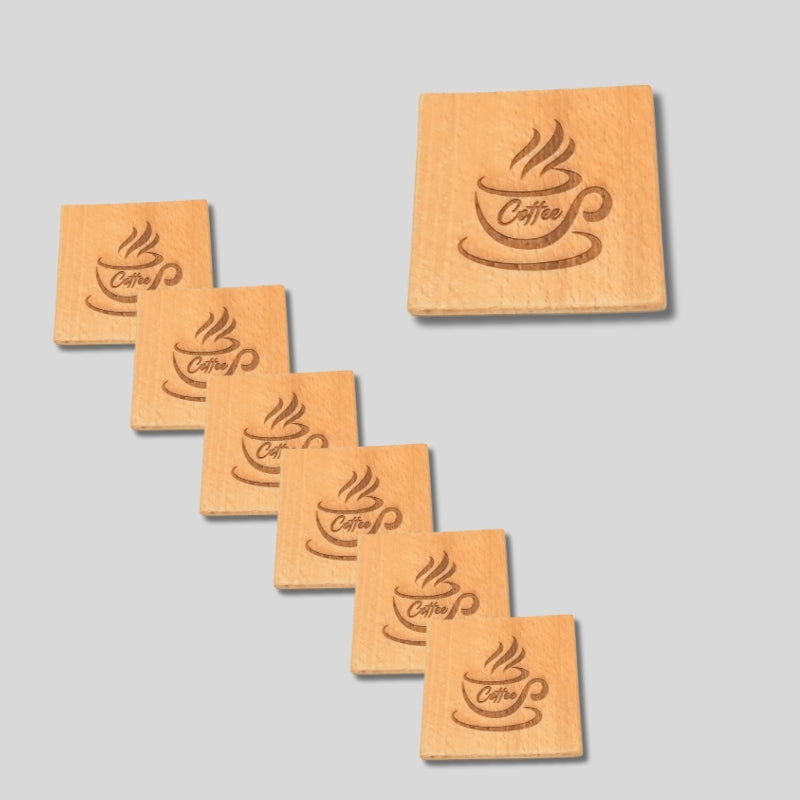 Imported Solid Beechwood Cup Coaster Engraved with Coffee Cup Design (set of 6 pieces)