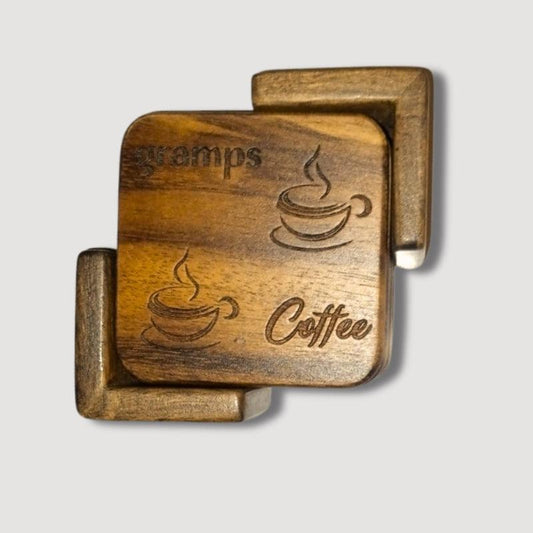 Sheesham Wood Cup Coaster Engraved with Coffee Cup Design