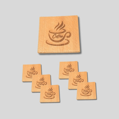 Imported Solid Beechwood Cup Coaster Engraved with Coffee Cup Design (set of 6 pieces)