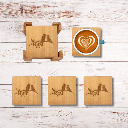 Imported Solid Beechwood Cup Coaster Engraved with Love Birds(set of 6 pieces)