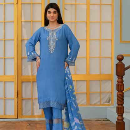 Blue Silk Shirt with Silver Zardozi and Pearls, Matching Silk Pants, and Chiffon Dupatta - Open Market Pakistan