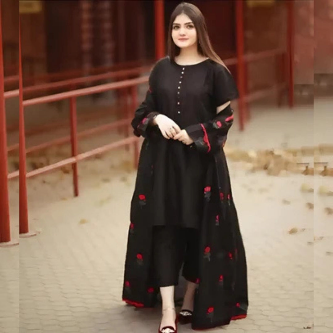 3pc Embroidered Gown Kataan Silk For Girls - Open Market Pakistan