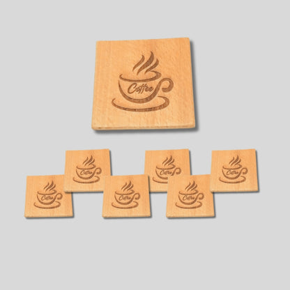 Imported Solid Beechwood Cup Coaster Engraved with Coffee Cup Design (set of 6 pieces)