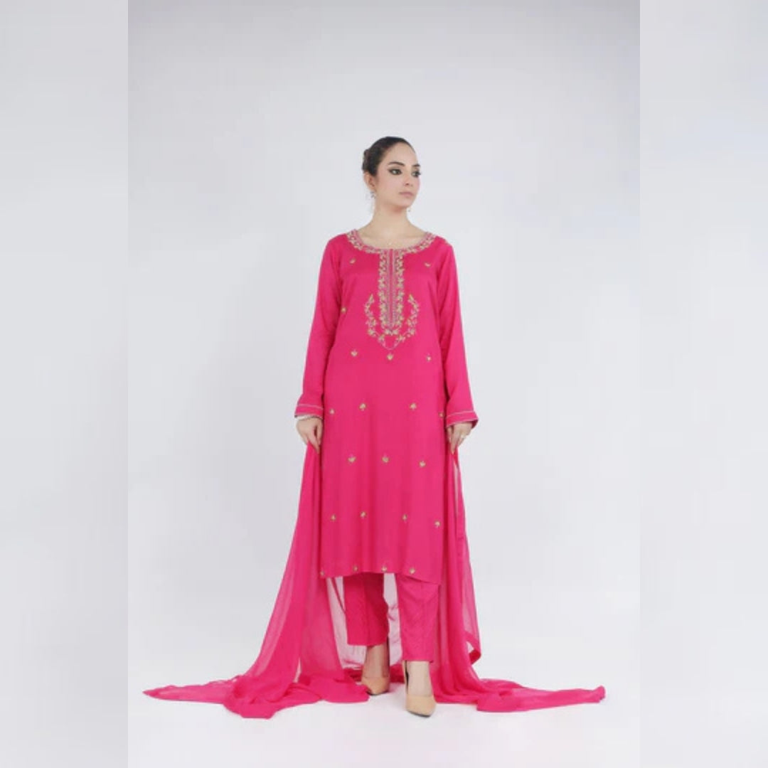 Hot Pink Embroidered 3-Piece Dress with Chiffon Dupatta. - Open Market Pakistan