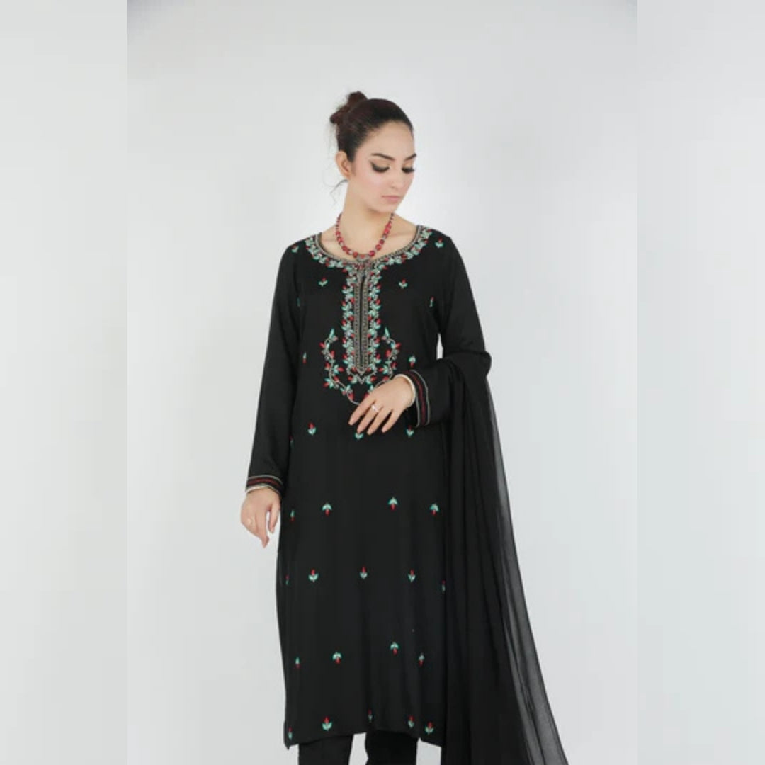 Elegant Black Embroidered 3-Piece Set with Chiffon Dupatta. - Open Market Pakistan