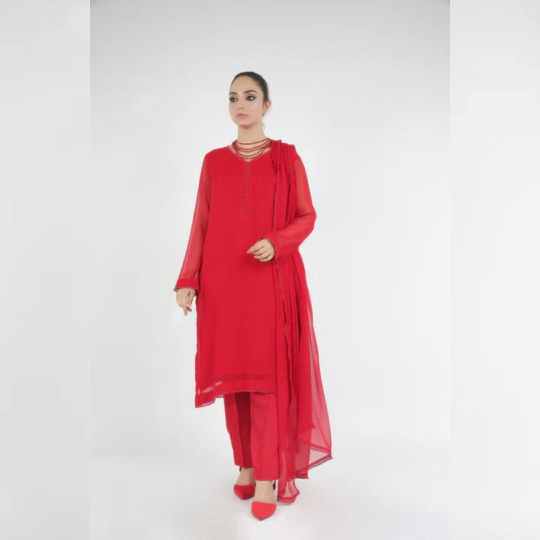 Red Chiffon 3-Piece Dress with Lace Details  and Matching Dupatta. - Open Market Pakistan