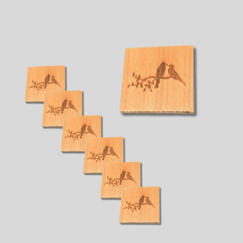 Imported Solid Beechwood Cup Coaster Engraved with Love Birds(set of 6 pieces)