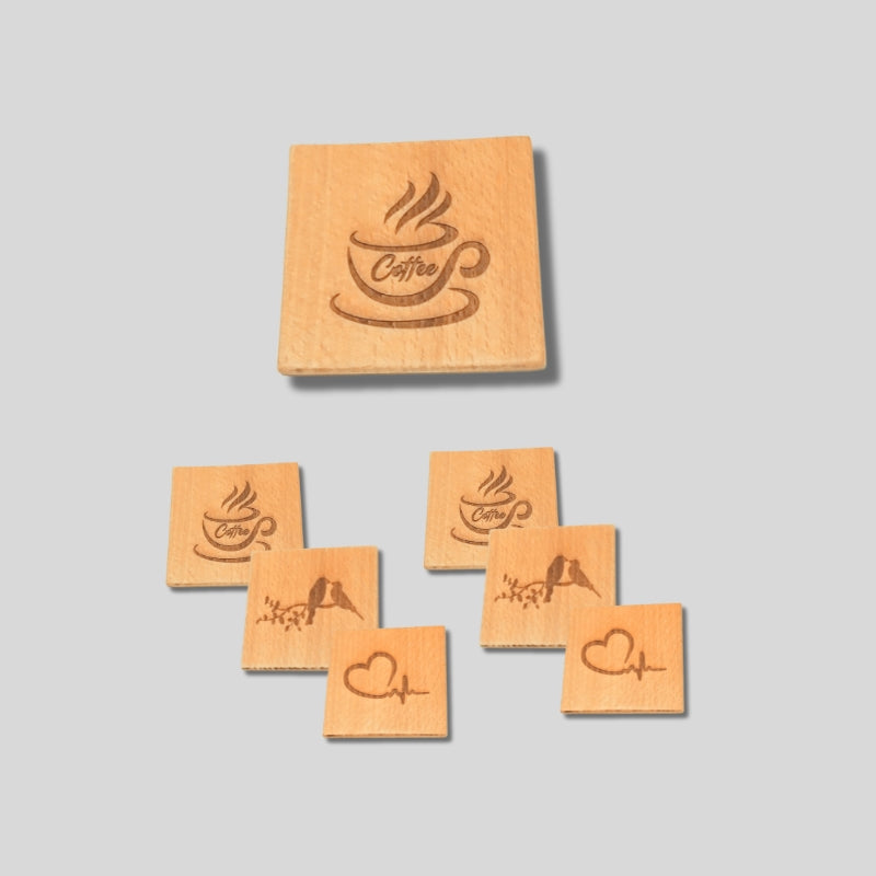 Handcrafted Imported Solid Beechwood Cup Coaster Engraved with Love Birds (mixed 6 pieces) - Open Market Pakistan