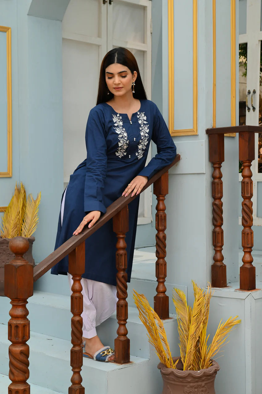 Premium Cotton One-Piece with Bold Embroidery Contrast - Open Market Pakistan