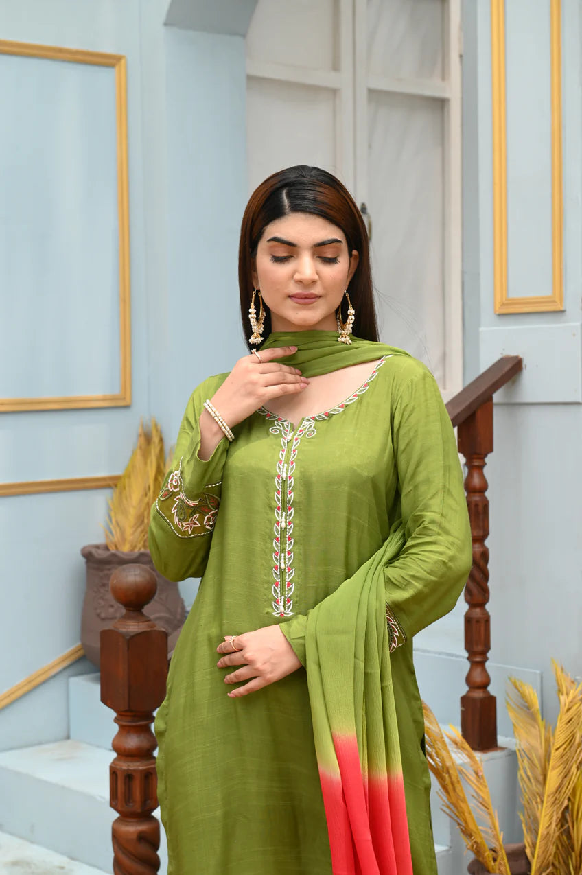 Green Dress with White and Red Embroidery, Matching Trouser, and Two-Tone Chiffon Dupatta - Open Market Pakistan