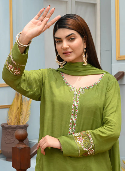 Green Dress with White and Red Embroidery, Matching Trouser, and Two-Tone Chiffon Dupatta - Open Market Pakistan