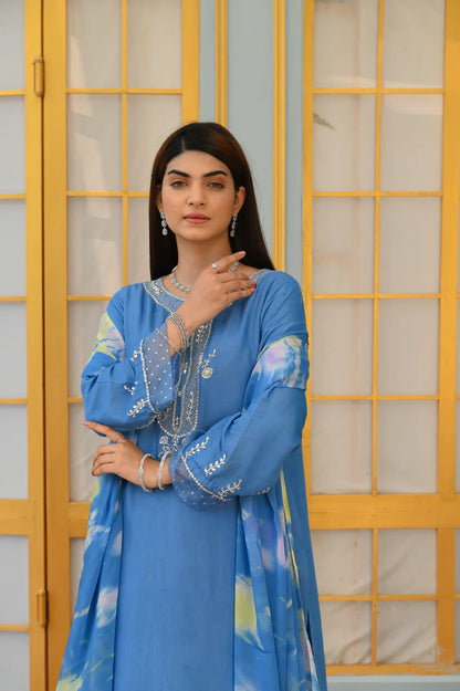 Blue Silk Shirt with Silver Zardozi and Pearls, Matching Silk Pants, and Chiffon Dupatta - Open Market Pakistan