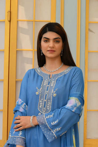 Blue Silk Shirt with Silver Zardozi and Pearls, Matching Silk Pants, and Chiffon Dupatta - Open Market Pakistan