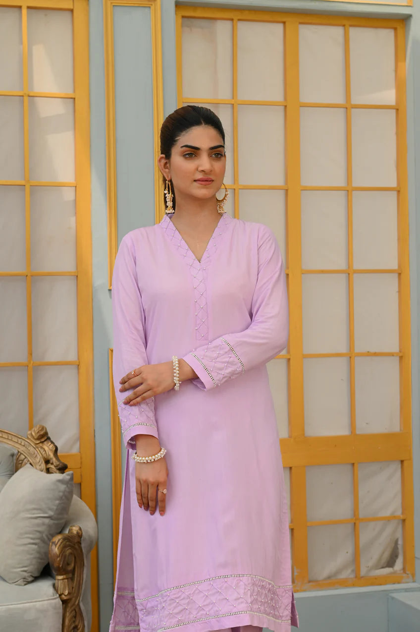 Sweet Purple Dress with Pearl Embellishments and Matching Trouser - Open Market Pakistan