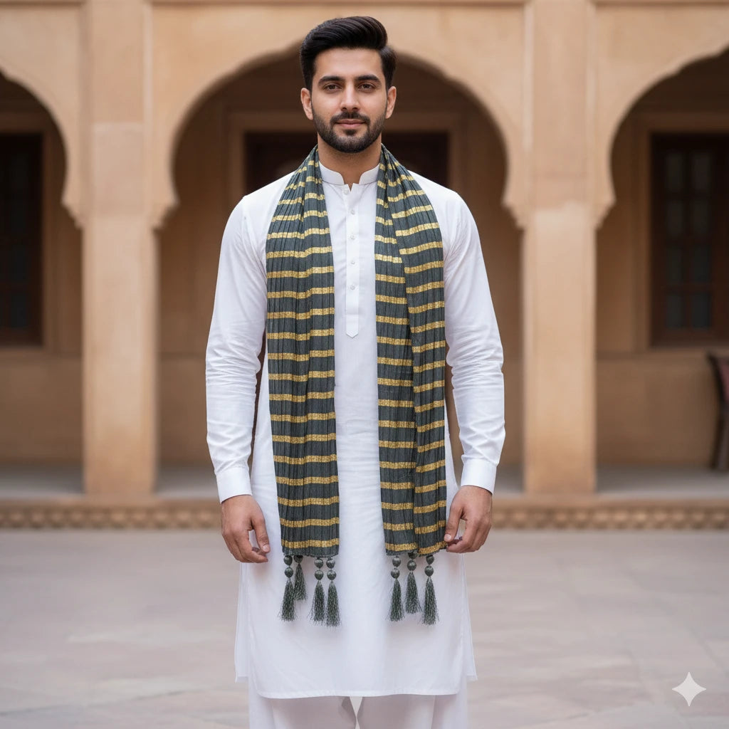 Green & Mustard Gold Silk Dupatta