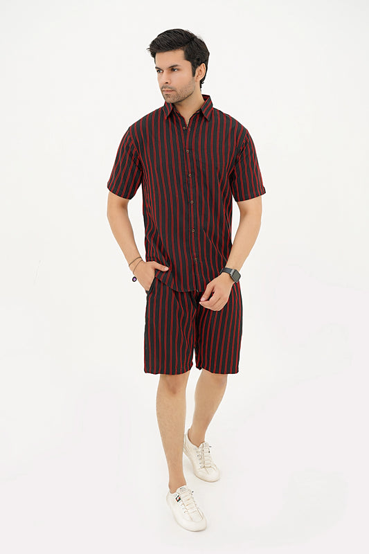 Islander Crimson Wave Stripe Shirt & Shorts Set For Men (A007)