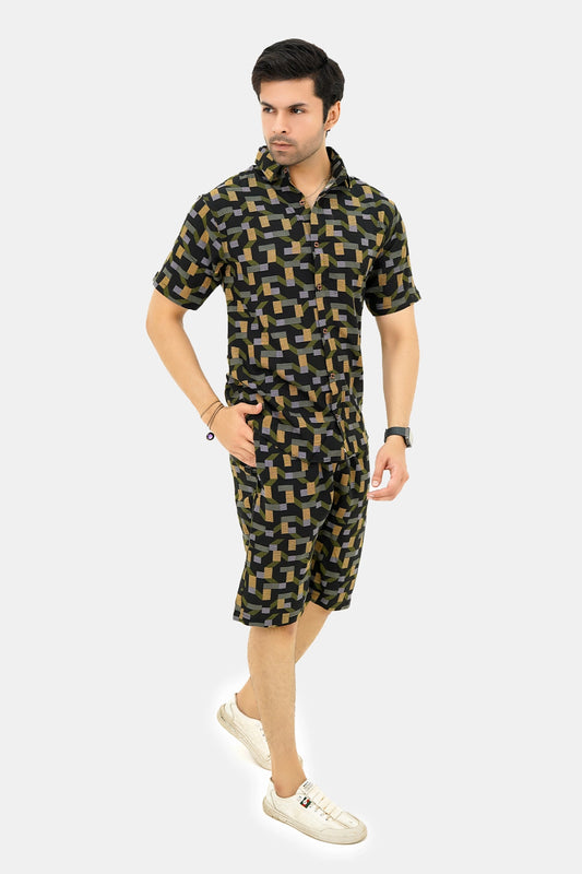 Islander Dune Echo Print Shirt & Shorts Set For Men(A018)