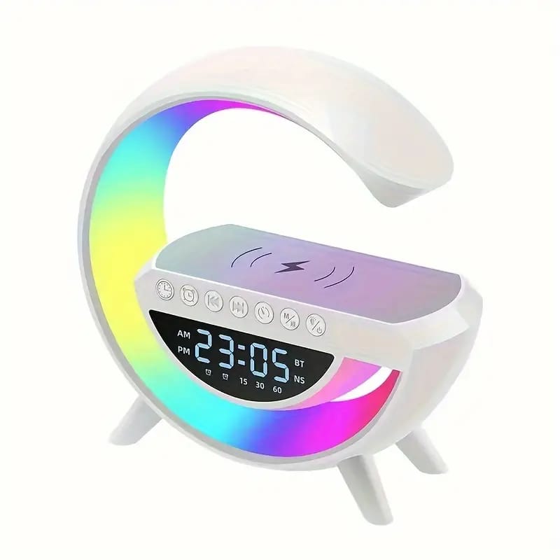 Multi-functional Led Clock Display Speaker G Lamp Bt- 3401 | Led Wireless Charging Speaker, G-shaped Speaker Light, Bluetooth Mp3 Player, Night Light And Alarm Clock - Open Market Pakistan