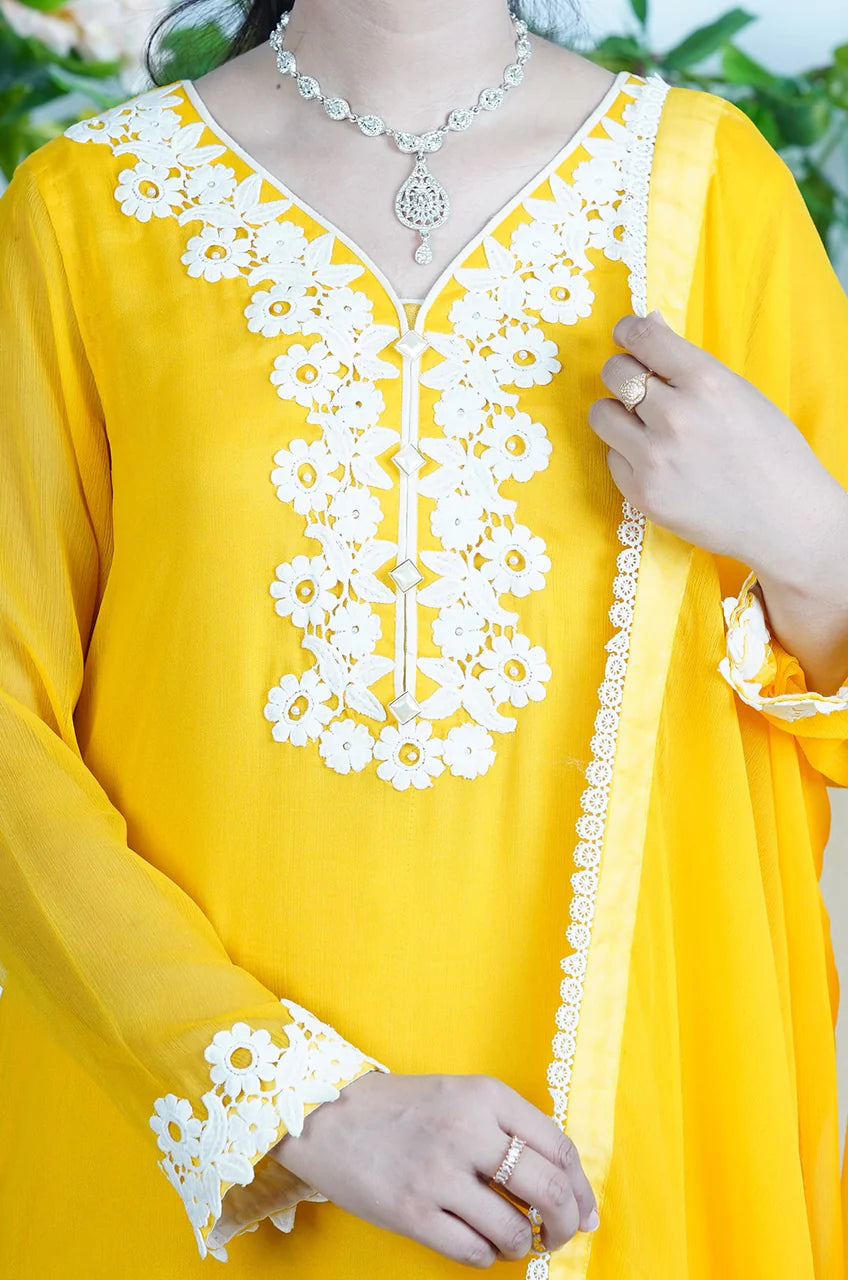 Elegant Chiffon 3-Piece Set with Laced Neckline, Pearls,  and Raw Silk Pants - Open Market Pakistan