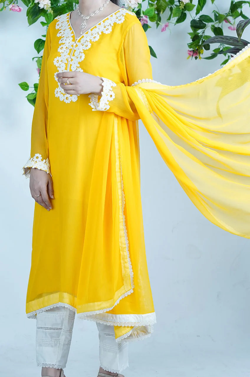 Elegant Chiffon 3-Piece Set with Laced Neckline, Pearls,  and Raw Silk Pants - Open Market Pakistan