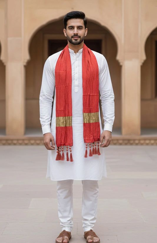 Red & Beige Festive Silk Dupatta