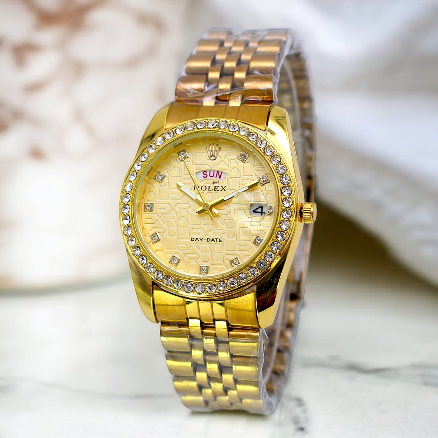 Rolex Luxury Stone With Date & Day Chain Ladies Wrist Watch