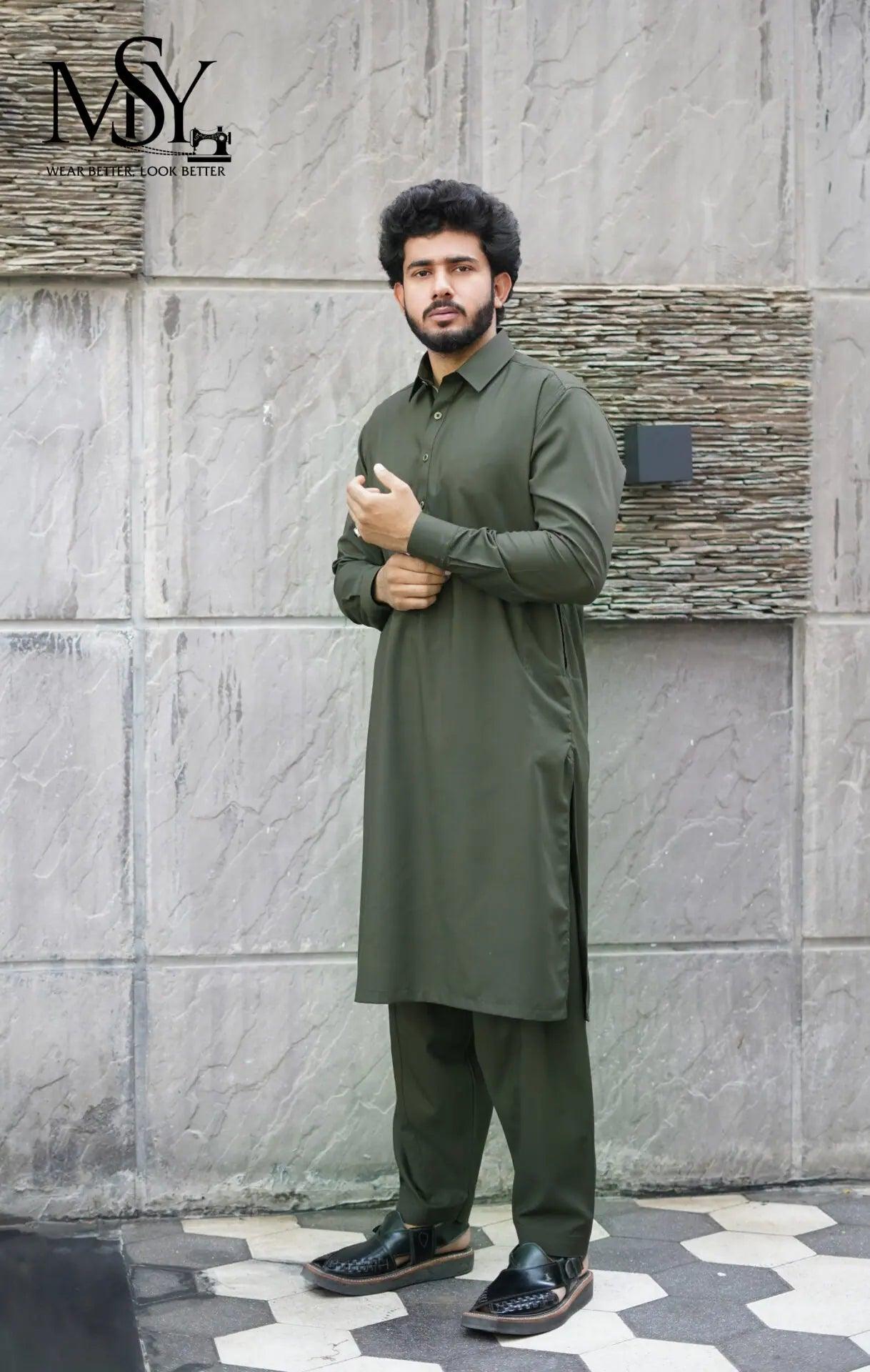 Shalwar Kameez - Olive Green S - Open Market Pakistan