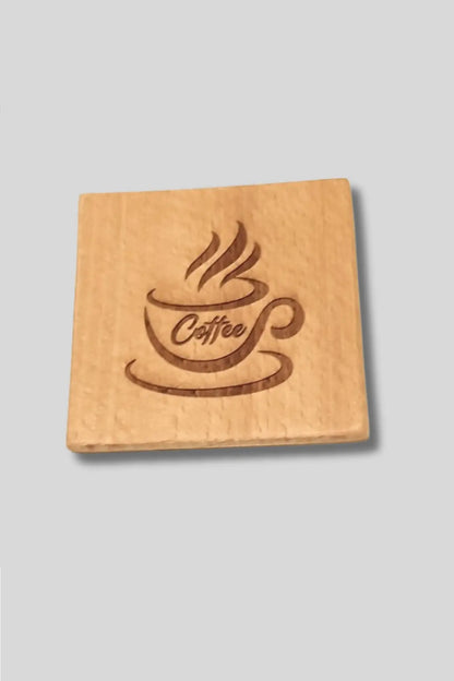 Imported Solid Beechwood Cup Coaster Engraved with Coffee Cup Design (set of 6 pieces)