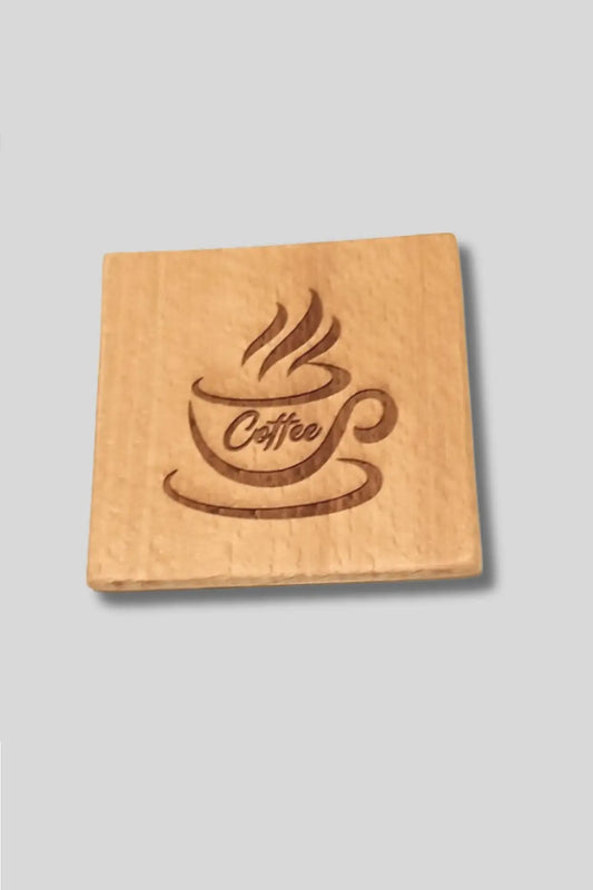 Imported Solid Beechwood Cup Coaster Engraved with Coffee Cup Design (set of 6 pieces)