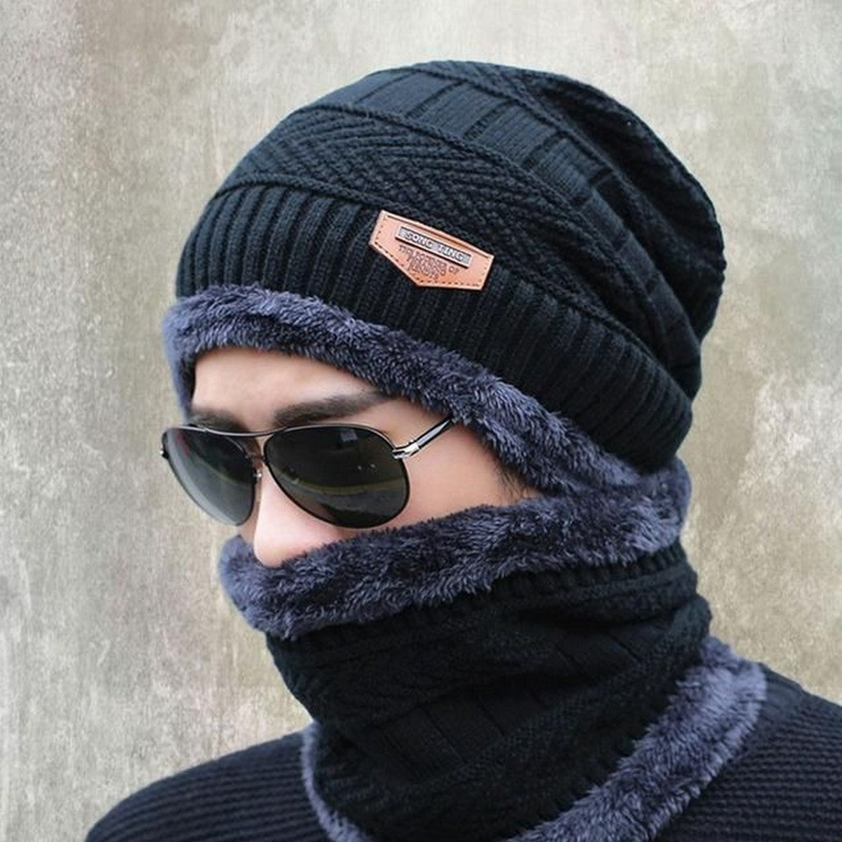 Winter Cap And Neck Elastic Knitting Thick Fleece Warm Woolen Beanie Cap Sport Hat & Neck Scarf Set 2 Piece(random Colors) - Open Market Pakistan