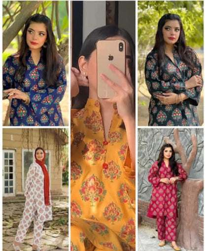 Leaf Print 2pc Dress Stuff: Linen Print For Girls - Open Market Pakistan