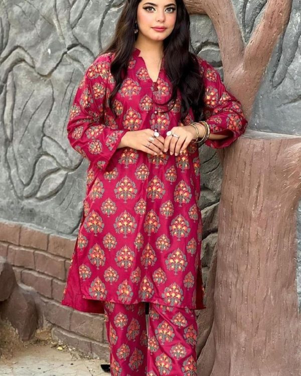 Leaf Print 2pc Dress Stuff: Linen Print For Girls - Open Market Pakistan