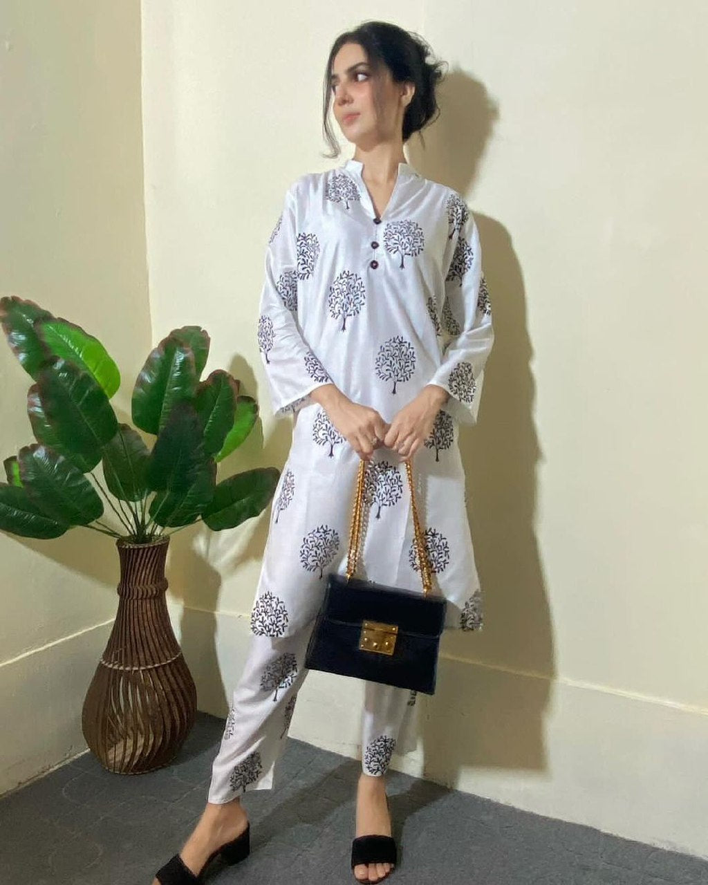 Tree Print 2pc Dress Stuff: Linen Print For Girls - Open Market Pakistan