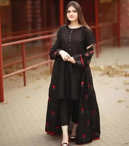 3pc Embroidered Gown Kataan Silk For Girls - Open Market Pakistan