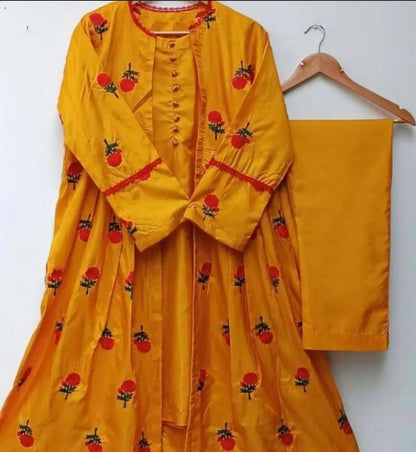 3pc Embroidered Gown Kataan Silk For Girls - Open Market Pakistan