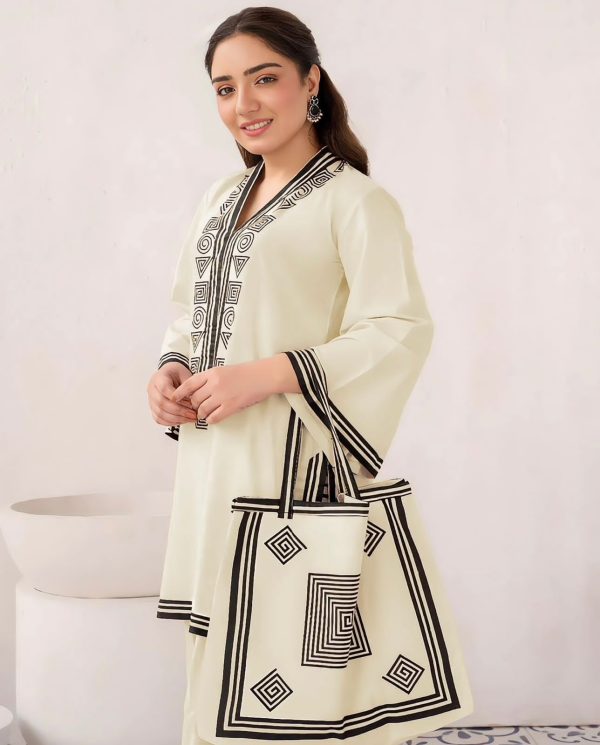 3 Pcs Linen Print Dress & Bag (shirt, Trouser And Bag) For Girls & Women - Open Market Pakistan