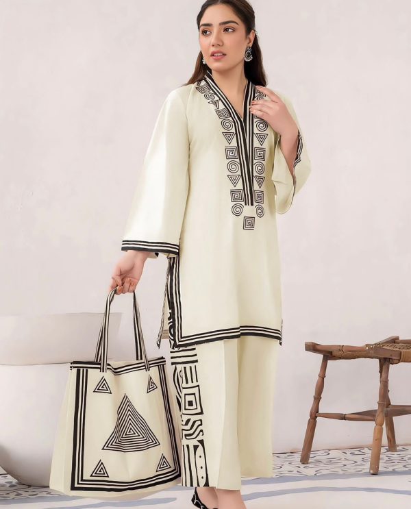 3 Pcs Linen Print Dress & Bag (shirt, Trouser And Bag) For Girls & Women - Open Market Pakistan