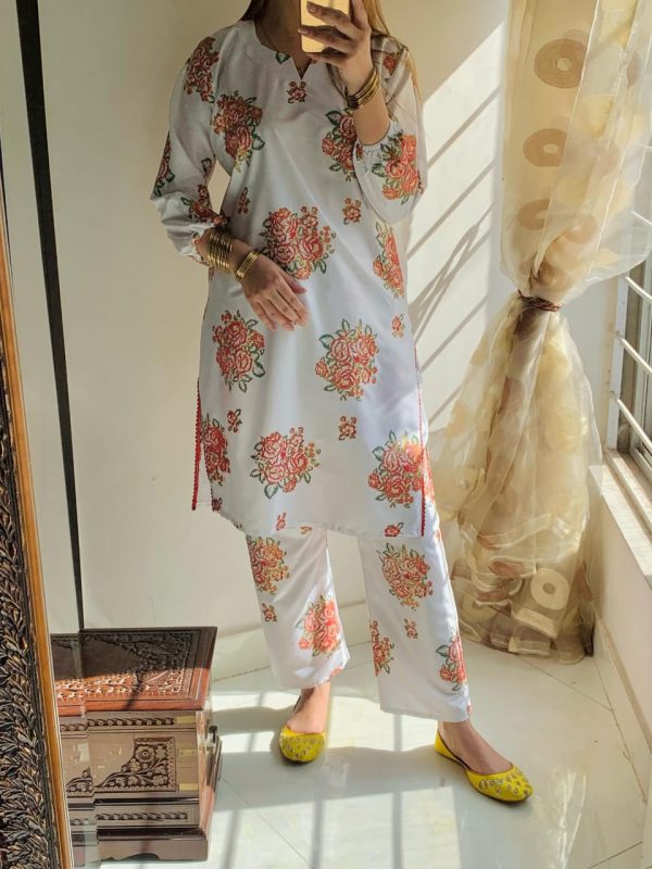 New Gulab 2 Pcs Linen Dress | Rose Print Shirt And Trouser For Girls & Women - Open Market Pakistan