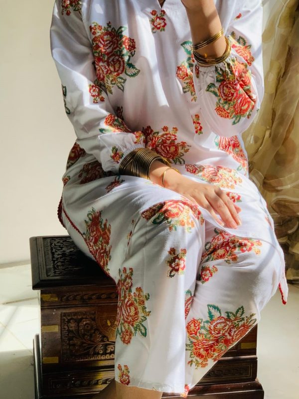 New Gulab 2 Pcs Linen Dress | Rose Print Shirt And Trouser For Girls & Women - Open Market Pakistan