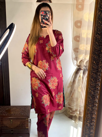 New Gulab 2 Pcs Linen Dress | Rose Print Shirt And Trouser For Girls & Women - Open Market Pakistan