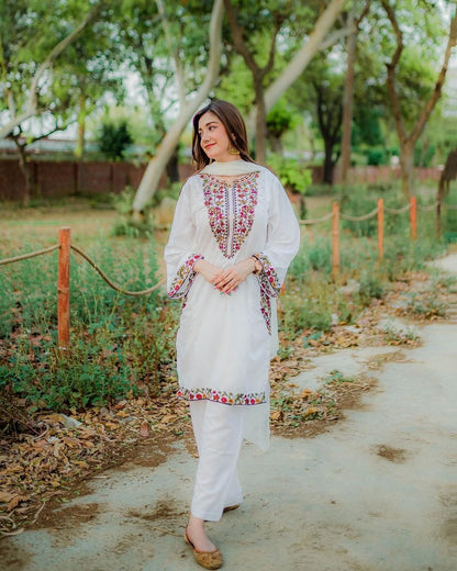 Sophisticated White 2PC Stitched Suit with Elegant Pocket Sequence Embroidery for Timeless Occasions - Open Market Pakistan