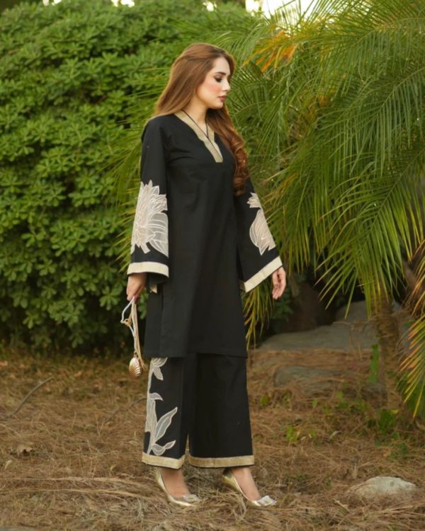 Almond Emb Shirt With Almond Emb Plazo (black) - Open Market Pakistan