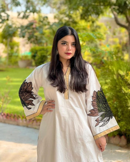 Almond Emb Shirt With Almond Emb Plazo ( Skin Colour) - Open Market Pakistan