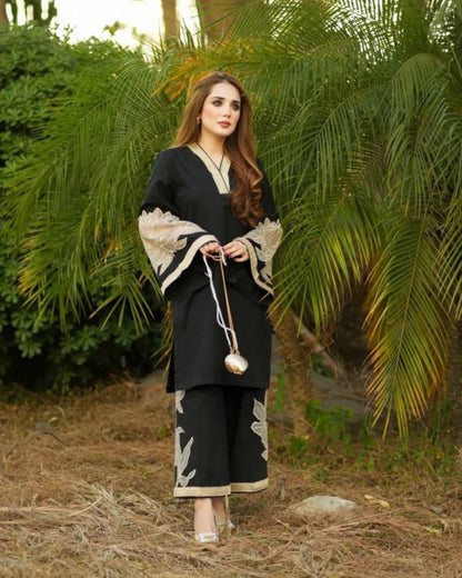 Almond Emb Shirt With Almond Emb Plazo (black) - Open Market Pakistan