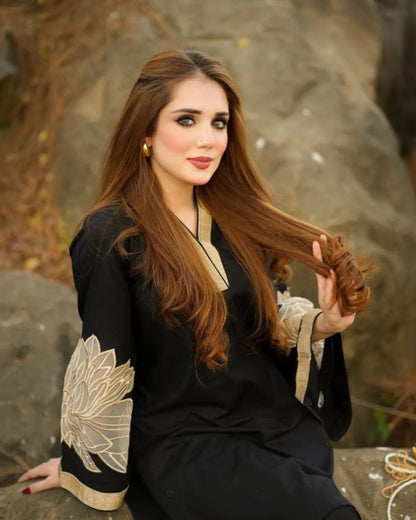 Almond Emb Shirt With Almond Emb Plazo (black) - Open Market Pakistan