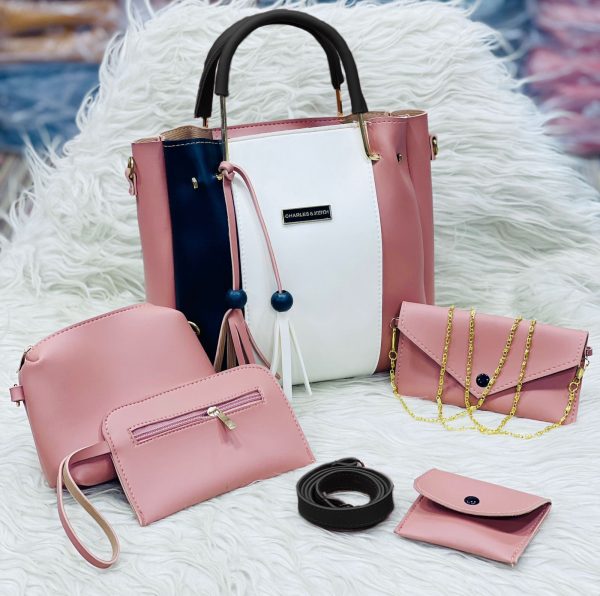 High Quality Cynthetic Leather 5pcs. Set With Makeup Pouch And Wallet With Long Chain. Zip Wallet. Coin Pouch. Long Belt. - Open Market Pakistan