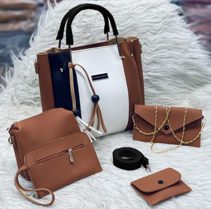 High Quality Cynthetic Leather 5pcs. Set With Makeup Pouch And Wallet With Long Chain. Zip Wallet. Coin Pouch. Long Belt. - Open Market Pakistan