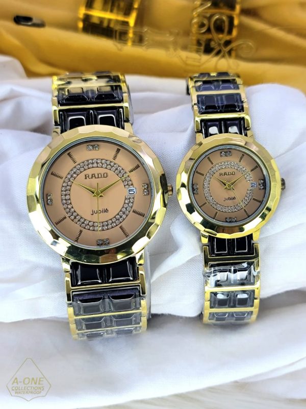 Pack of 2 Couple Watches - A+ Two Tone Rado Jubile Couple Watch Just Date  With Steel Chain - Open Market Pakistan