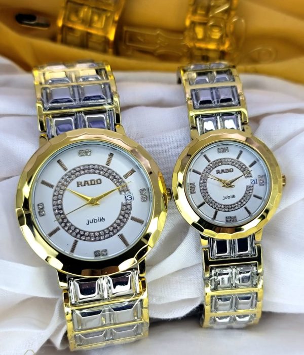 Pack of 2 Couple Watches - A+ Two Tone Rado Jubile Couple Watch Just Date  With Steel Chain - Open Market Pakistan